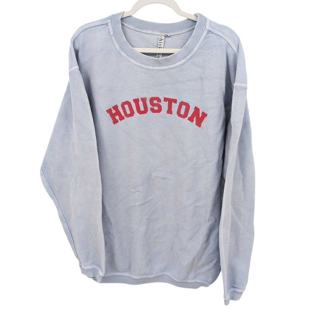 Chicka-d Houston Corded Crewneck Sweatshirt Women XL Blue Oversized Cotton Texas